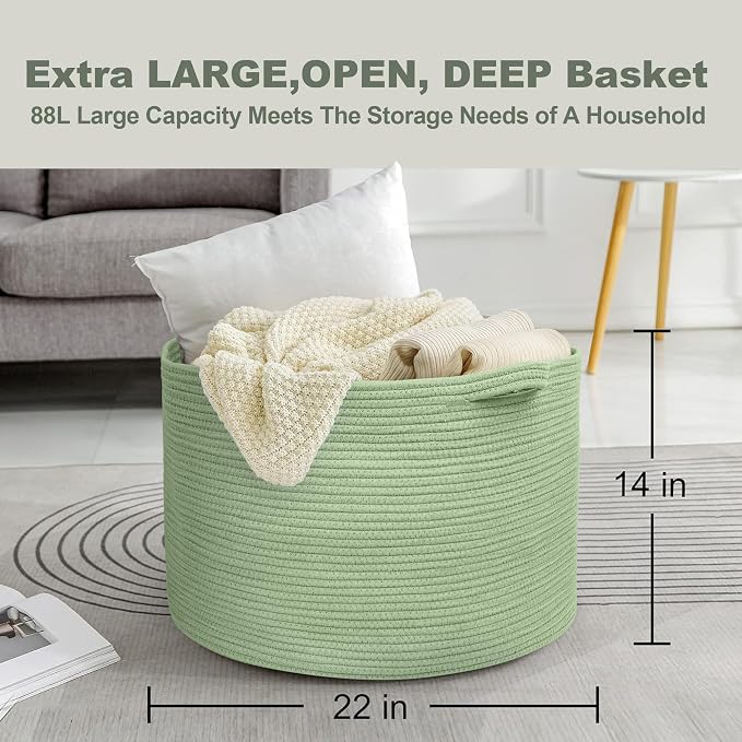 MEGASKET Extra Large Green Basket, 22" X 22" X 14" Woven Cotton Rope Baskets for Blankets, Nursery Laundry Basket, Cute Kids Toy Storage Bin, Green Living Room Bedroom Decor Baskets for Organizing - Image 3