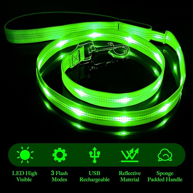 Illumifun LED Dog Leash, USB Rechargeable Glowing Light Up Dog Leash, Nylon Flashing Safety Pet Light for Night Walking (GreenⅡ) - Image 2