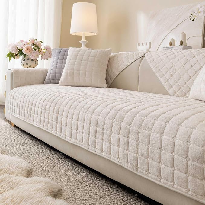 Velvet Washable Couch Cover for Pets Dogs, Non Slip Sectional Sofa Covers for 3 Cushion Couch Sofa L Sharped Sofa Slipcovers, Furniture Protector (1 PCS 27"x27",White) by Aucrovee