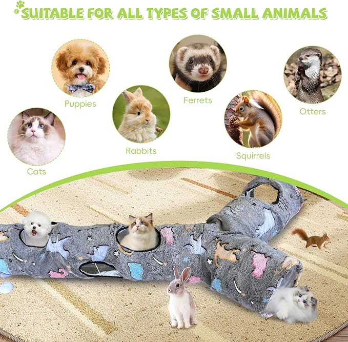 Cat Tunnels for Indoor Cats, Self-Luminous Cat Tunnel with Plush Ball, 3 Way Kitten Tunnel Collapsible, Cat Play Tunnel with Interactive Peephole for Large Cat, Puppy, Kitten - Image 9