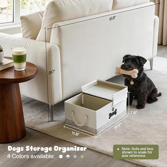 Dog Toy Basket with Double-Open Lid, Divided Dogs Basket for Toys, Collapsible Pet Toys Box, Dog Storage Organizer with 2 Divided Area, Puppy Toy Baskets with Rope Handles, Beige & Gray - Image 2