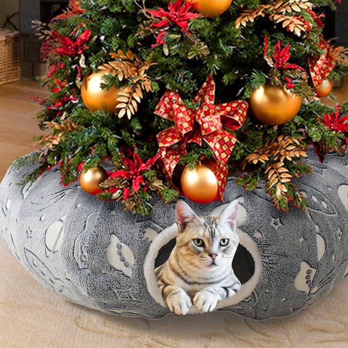 Large Cat Tunnels Bed Tube for Indoor Cats Under Christmas Tree Glows in The Dark Cat Tunnel with Cushion and Plush Ball Toy Longer Playground Toys for Dog Puppy Kitten Pet Gray - Image 8