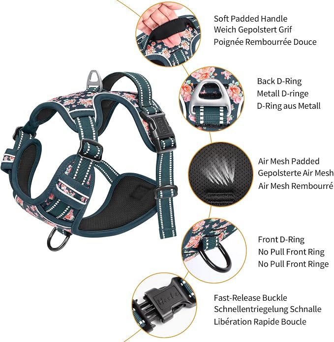 HEELE Dog Harness, Reflective, No Pull No Choke, Flower Blackish Green, M | Front Clip for Medium Dog Harness, 2 Metal Rings with Handle, Adjustable, Soft Breathable Padded Pet Vest for Night Walking - Image 2