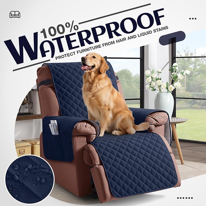 KinCam 100% Waterproof Recliner Chair Covers Washable, 28", Dark Blue | Anti Slip Reclining Couch Covers for Pets Dog, Recliner Sofa Slipcover Storage Pocket, Furniture Protector with Elastic Strap - Image 3