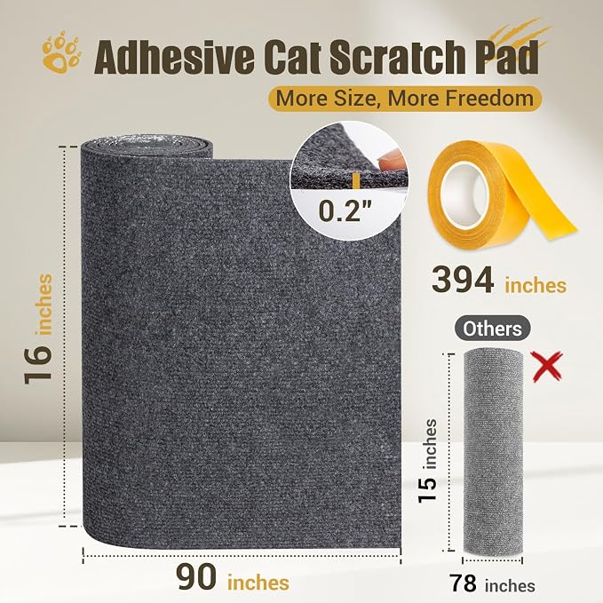 Cat Scratch Couch Protector, 90"x16" Trimmable Anti-Scratch with Grid Tape | Protect Couch from Cat Claws with Double Self-Adhesive Carpet, Great for Sofa & Indoor Wooden Furniture (Dark Gary) - Image 2