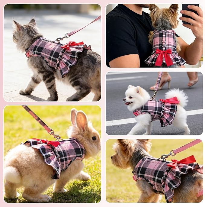 EXPAWLORER Dog Harness Small Medium Sized Dogs, No Choke No Pull Mesh Vest | Plaid Dog Dress Bowknot Harness and Leash Set Soft Cute Princess Puppy Outfits Clothes Costume for Girls Party Cats Pink XS - Image 8