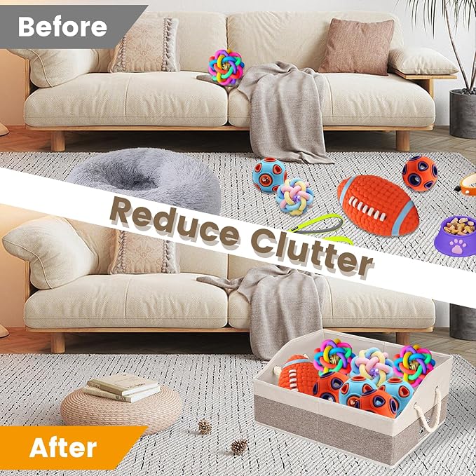 Large Dog Toy Basket with Handle, Foldable Dog Toy Box for Living Room Area , 20" Basket for Dog's Supplies, Organizer and Storage with Hard Board, Anti-Slip for Pet Toys (Brown, Medium 20"×15") - Image 4