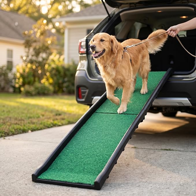 PawStep 50894 Pet Ramp for Dogs & Cats – Foldable Portable Dog Ramp with Poly Grass Non-Slip Surface, Lightweight Travel Ramp for Cars, SUVs, Beds & Couches by MaxWorks