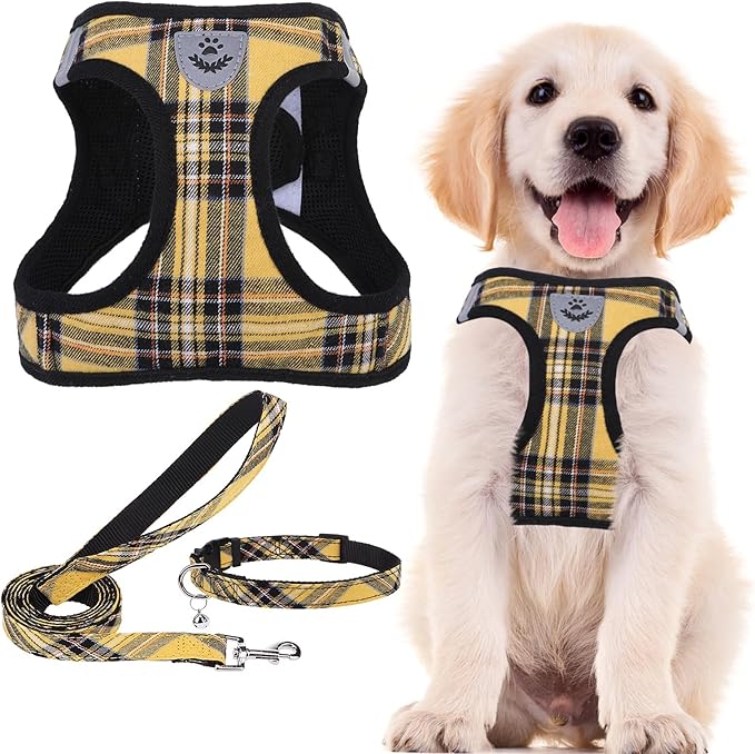 PUPTECK Dog Harness, Collar and Leash Set No Pull for Small Medium Sized | Plaid Puppy Step-in Escape Proof Reflective No Choke Pet Cat Adjustable Walking Vest by PUPTECK