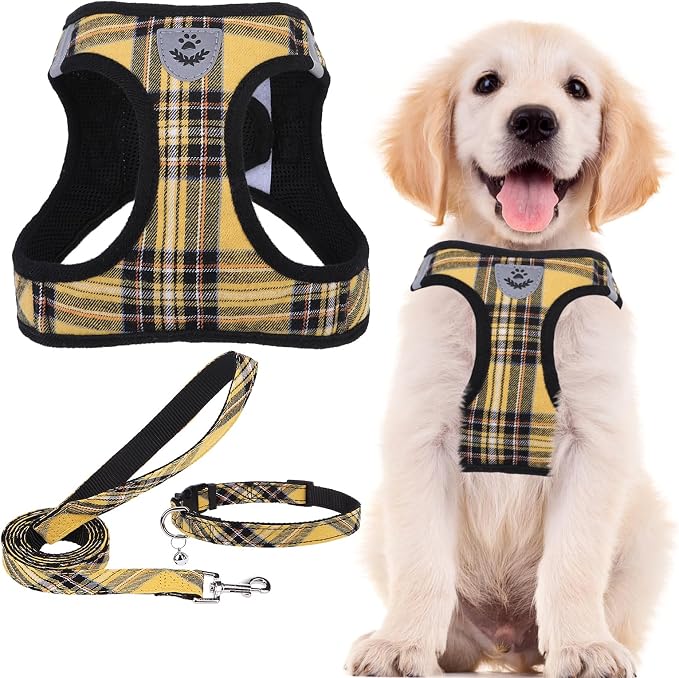 PUPTECK Dog Harness, Collar and Leash Set No Pull for Small Medium Sized | Plaid Puppy Step-in Escape Proof Reflective No Choke Pet Cat Adjustable Walking Vest by PUPTECK