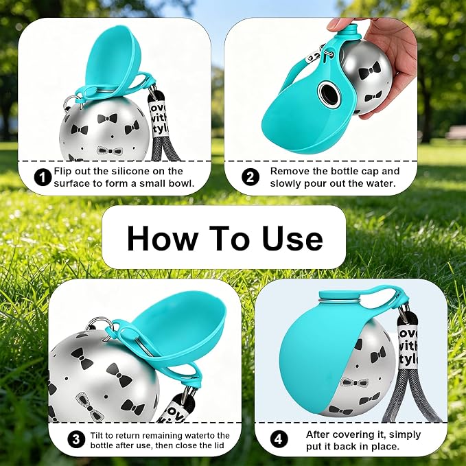 Portable Dog Water Bottle, Flip-Top Silicone Bowl Design, Insulated Hot & Cold Retention Material, One-Hand Leakproof Use, Perfect for Walking & Hiking, 10oz (Blue, Printing) | Flip-Top Silicone Bowl Design For Small Dog & Cat, Insulated Hot & Cold Ret... - Image 6