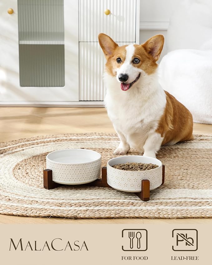 MALACASA Dog Bowl Set, Ceramic Bowls with Walnut Wood Stand, 3.5 Cups | Five-Leaf Grass and Honeycomb Design, Non-Slip Base, for Cats and Dogs, About 26% Heavier than Similar Ceramic Bowls - Image 3