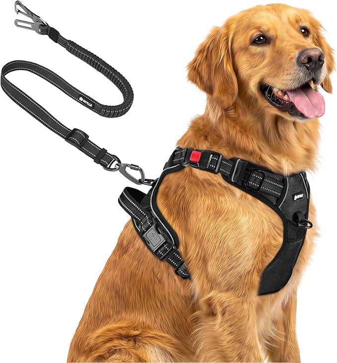 Joytale No Pull Dog Harness & Seat Belt, Easy On 3-Buckle, XL, Black | Front Clip Reduces Pulling, Escape-Resistant Design, Adjustable Fit, Soft Padding for Comfort, Secure Tether for Safer Travel by Joytale
