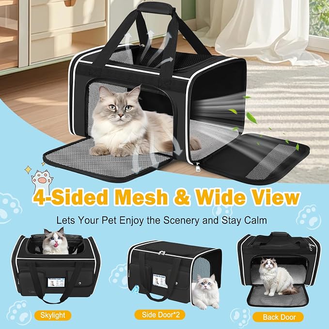 HUANLANG Large Cat Carrier Soft Sided Travel Pet Carrier Airline Approved | Dog Carriers for Small Dogs Medium Cats,Collapsible,3 Storage,zipper lock,Reflective strips,Luggage Strap,Up to 15 Lbs, Black - Image 7