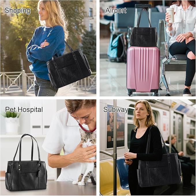 Fashion Dog Carrier Purse, Premium Leather Cat Carrier Bag, Airline Approved Soft Sided Pet Travel Tote Bag with Pockets Black - Image 5