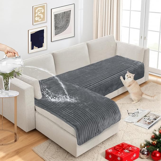 NAISI Couch Covers for Dogs Waterproof Flannel Striped Sofa Cover Pet Friendly Washable Dog Mat for Couch Anti Slip Sectional Sofa Slipcover Protector(2pcs/35"x63"+35"x70",Dark Grey) - Image 2