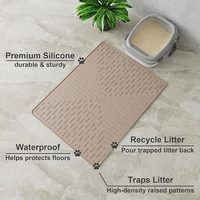 Large Cat Litter Mat, 31.5x23.6 Silicone Trapping Mat Beige | for Kitty Litter Box, Easy Clean, BPA Free Rubber, Center Litter Collection, Easy Pour-Back, Waterproof, Odor-Resistant - Image 2