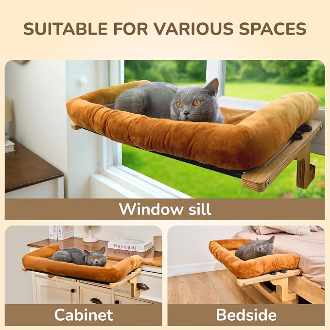 [Ready to Gift] PURRHOUSE 45LBS Cat Window Perch with Bolster, Hammock Seat with Plywood & Metal Frame, Cat Bed for Windowsill, Bedside and Cabinet (Natural Wood & Brown Cushion, 24.8''W x 9.4''H) - Image 7