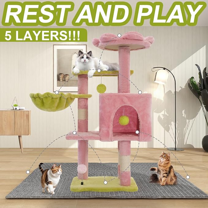 Cat Tree Tower with Hammock,40" Cat Trees for Indoor Cats Large Adult(Pink) | Modern Cat Tree Tower with Scratching Post, Cats Condo Furniture with Cloud Top Perch, Cats Climbing Tower for Kittens - Image 2