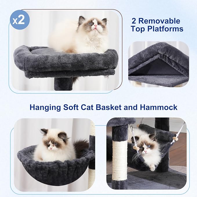 Cat Tree, 71'' Tower for Large Cat with Scratching Post, GCT032G | 2 Cat Condo House for Indoor Cats Large Adult, 2 Scratching Boards, 7 Posts, 2 Plush Perches, Hammock, Basket, Smoky Gray - Image 3