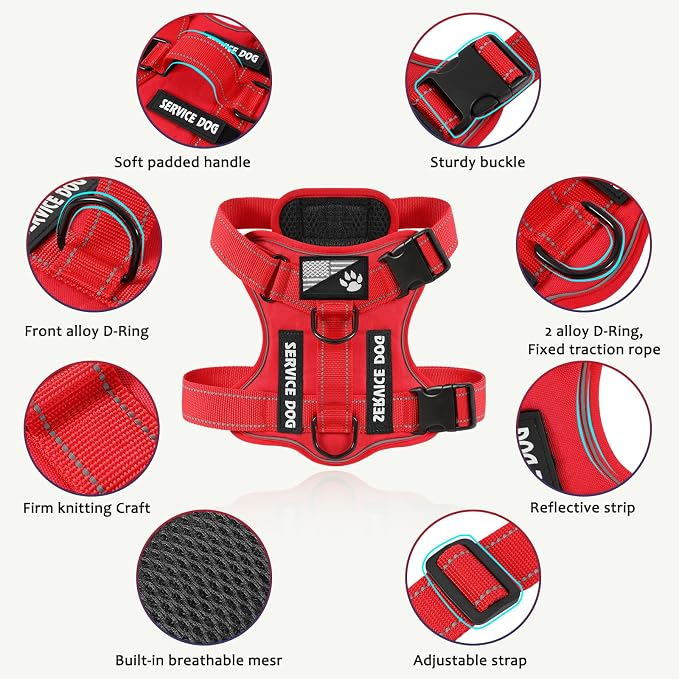 Service Dog Harness, Reflective Dog Vest Harness with 5 PCS Patches, Adjustable Soft Oxford Pet Harness, Inner Layer Mesh, Easy to Control for Dogs (All-RED, X-Small (Pack of 1)) - Image 2
