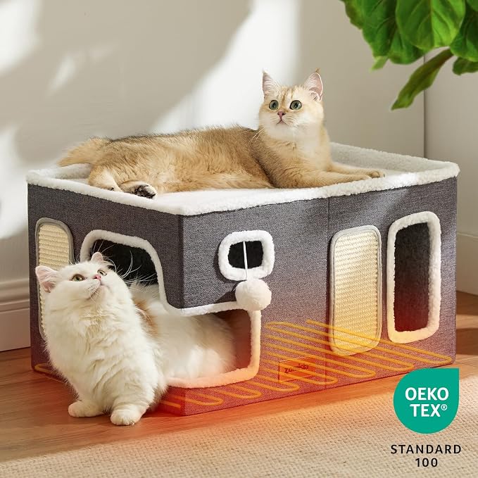 ZOMISIA Heated Cat House for Indoor Cats - Large Cat Warming Bed for Winter with Fluffy Ball Hanging and Adjustable Heating Pad, Foldable Cat Hideaway,23x16.5x13 inches, Grey - Image 7