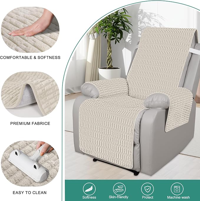Foxdecor Recliner Chair Covers, Recliner Cover Non-Slip Chair Covers, Washable Recliner Couch Cover Furniture Protector, Cover for Recliner Chair with Elastic Straps. (Cream, 23" W) - Image 2