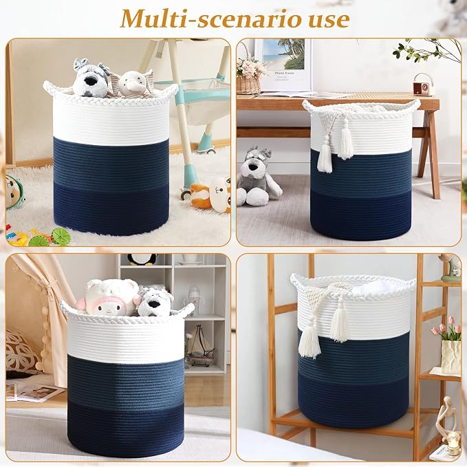 Laundry Hamper for Organizing, 52L Large Laundry Baskets, Cotton Rope Woven Blanket Basket, Collapsible Laundry Hamper for Living Room, Nursery, 15"×18", Dark Blue - Image 8