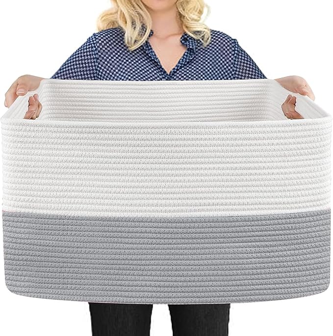 MEGASKET Extra Large Laundry Basket, Rectangle Woven Cotton Rope Storage Basket with Handles, Wicker Laundry Hamper, Farmhouse Storage Bin for Blankets Clothes Toys, Grey, 22" x 17" x 12" by MEGASKET