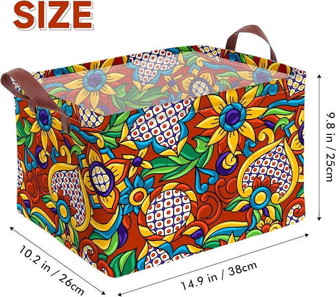 Mexican Talavera Storage Basket Waterproof Canvas Toy Storage Bin Mexican Decor Collapsible Outdoor Basket with Leather Handles Talavera Decor Blanket Baskets For Closets,Bedrooms,Gifts Baskets - Image 2