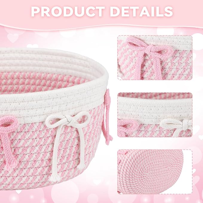 Geelin 3 Pcs Pink Basket for Gifts, Bow Woven Rope Storage Organizer Bins | Coquette Bow Tassels Design, Woven Rope Material, Organizer for Nursery Toys Laundry Hamper Shelf Decor, 11.8"x7.8"x4.7" - Image 5