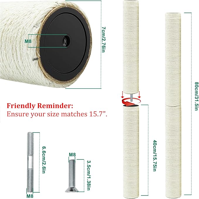 Cat Scratching Post Replacement Pole, 2 PCS 15.7in Cat Tree Replacement Post, Natural Sisal Cat Tree Replacement Parts with M8 Screws, Cat Scratch Post for Refurbishment (15.7in/40cm) - Image 2