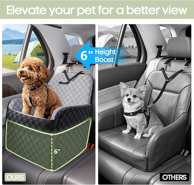 Waterproof Dog Booster Car Seat for Small Medium Dogs up to 26 lbs | 6-Inch Elevated Memory Foam CarSeat, Detachable Washable Cover, Y-Shape Safety Belt, Storage Pockets, Fits in Front/Back Seat - Image 3