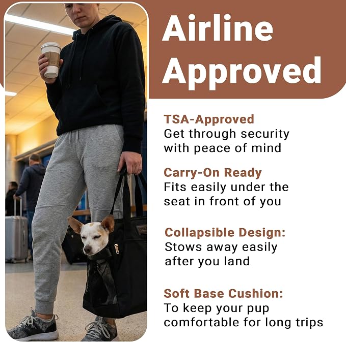 Soft-Sided Dog Carrier Bag, Airline Approved Pet Tote for Small Dogs & Cats, Breathable Mesh, Machine-Washable Cushion, TSA Friendly, Black - Image 4