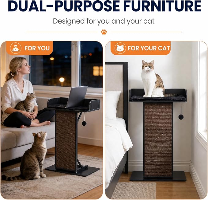 Modern Wood Cat Tree Tower for Indoor Large Adult Cats with Big Perch Bed | 33.8in Tall Wooden Cat Trees with Platform, Cat Scratching Pads, Washable Cushions, Cat Furniture for Window, Rustic Black - Image 4