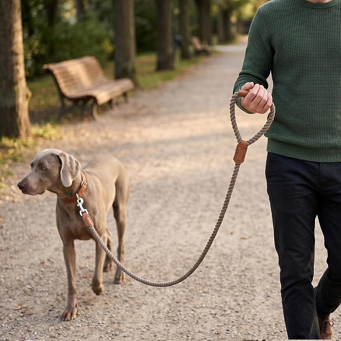 Mile High Life Dog Leash Braided Cotton Rope w/Leather-Wrapped Ends/Handle | Rust-proof 360° swivel clasp, Heavy-duty for medium/large breeds. Great for weddings, daily walks (6 FT, 1/2", Black) - Image 2