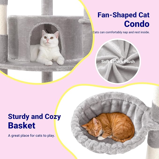 Allewie 73in Fan-Shaped Space-Saving Corner Cat Tower/Multi-Level Tall Cat Tree for Indoor Kitties/Cozy Baskets/Condos/House/Perches/Sisal Scratching Posts/Pet Activity Center/Grey - Image 6