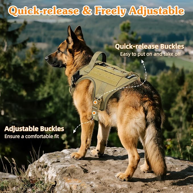 VavoPaw Heavy Duty Tactical Dog Harness for Medium Dog, No Pull Adjustable | Pet Harness Reflective Service Training Easy Control Pet Vest Military K9 Working Dog Harnesses（Army Yellow, M） - Image 4