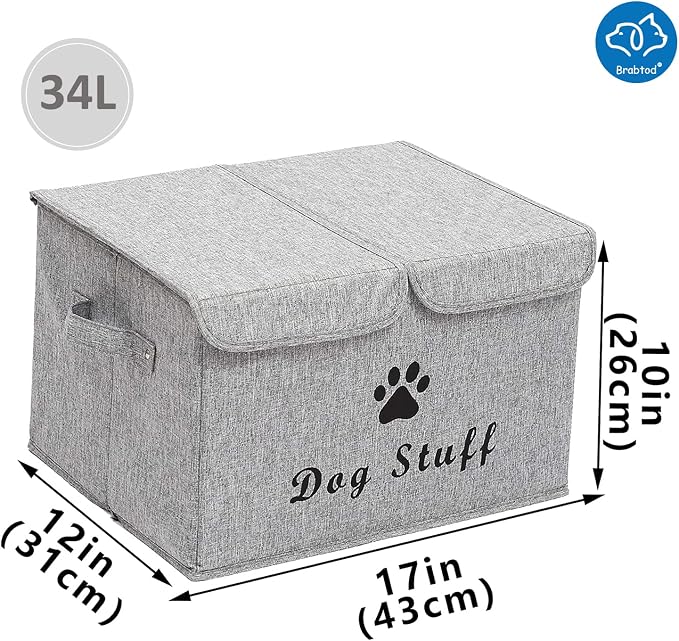 Large Dog Toys Storage Box Canvas Storage Basket Bin Organizer with Lid - Collapsible Linen Bin Ideal for Organizing Dog Cat Toys and pet Stuff-PP Boad-17" x 12" x 10" - Slub Gray - Image 7