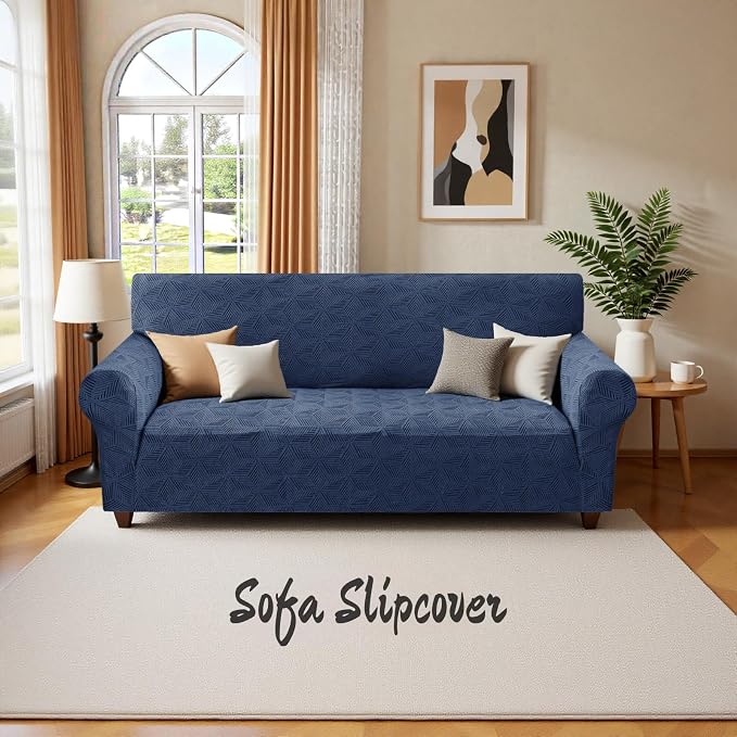 YEMYHOM 1 Piece Stretch Couch Covers for 2 Cushion Couch, Jacquard Loveseat Cover with Non-Slip Elastic Bottom, Thickened Slipcover Furniture Protector for Dogs Pets (Medium, Navy） - Image 8