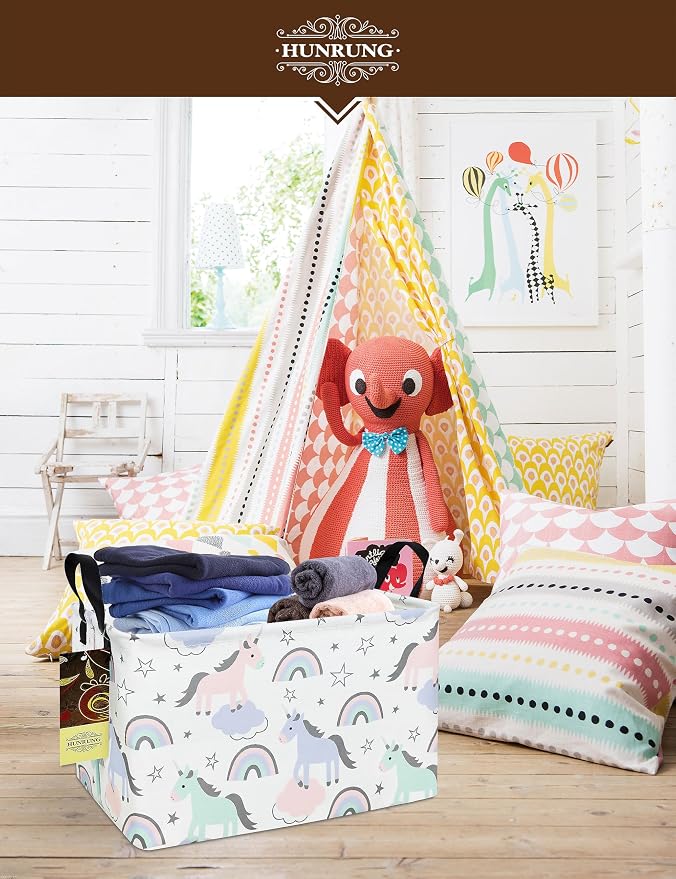 Rectangle Canvas Foldable Storage Basket for Nursery, Star Unicorn | Portable and collapsible cloth receptacle. Stores pet essentials, daily use items - Image 4