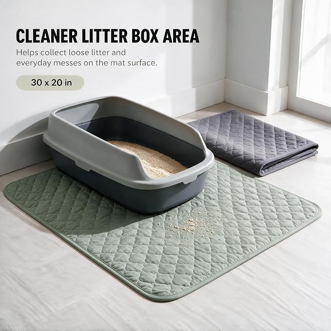 2-Pack Washable Cat Litter Mats, 30 x 20 in, Sage Green/Grey | Absorbent quilted layers with PU barrier, paw-print silicone grip, 2 pockets and 6 empty cotton pouches; catnip not included. - Image 2