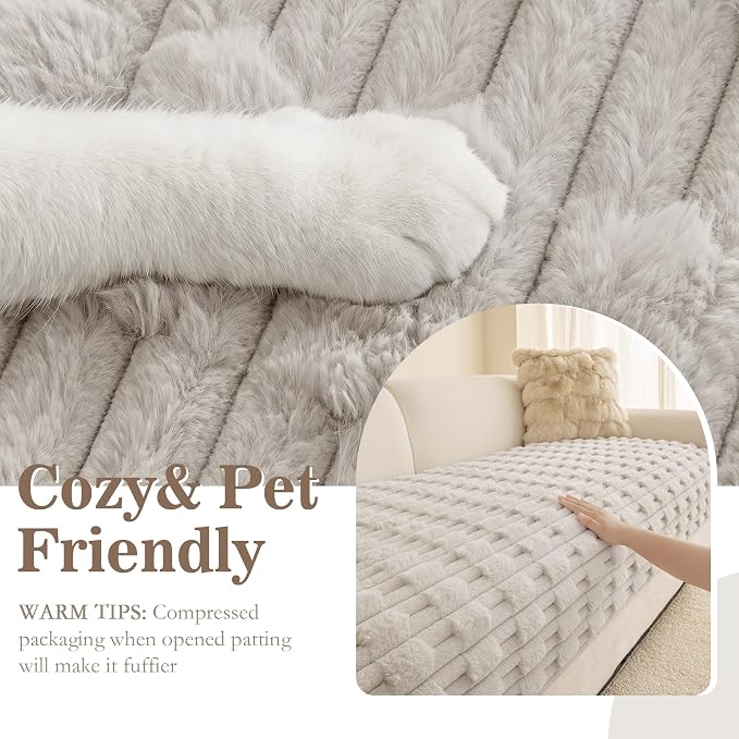 MYSKY HOME Couch Cover for Dogs, Plush Soft Sofa Cover Washable, Fuzzy Couch Covers for 3 Cushion Sofa Pet Friendly, Waterproof Non-Slip Sofa Slipcover Furniture Protector, Oatmeal, 35" x 71" - Image 2