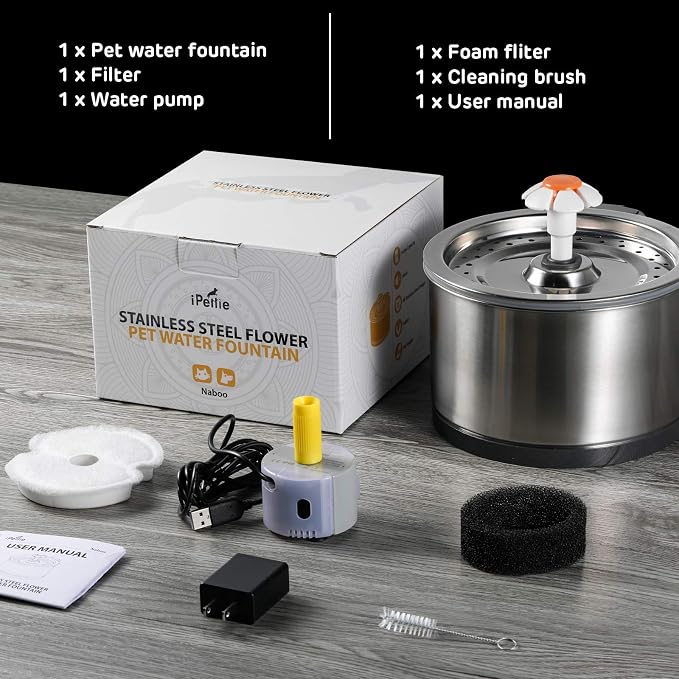 iPettie Cat Water Fountain Stainless Steel, 84oz/2.5L, 4-Stage Filtration | Ultra Quiet Metal Cat Water Fountain with LED Light & Filter for Pet, Kitty & Dog - Image 2