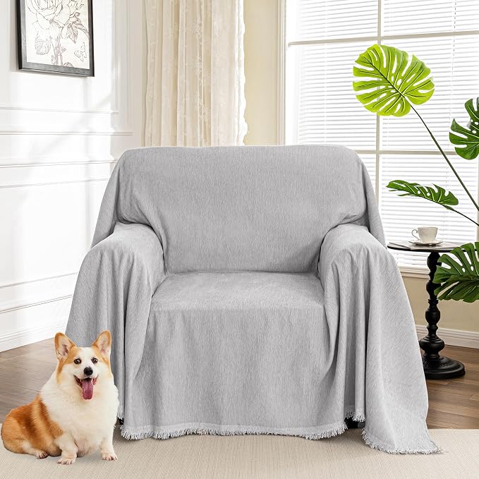 MYSKY HOME Oversized Armchair Cover for 1 Cushion, Washable Sofa Protector, Chenille Couch Covers with Tassel, Sofa Throw, Pet & Kid Friendly, 71"X91", Light Grey by MYSKYHOME
