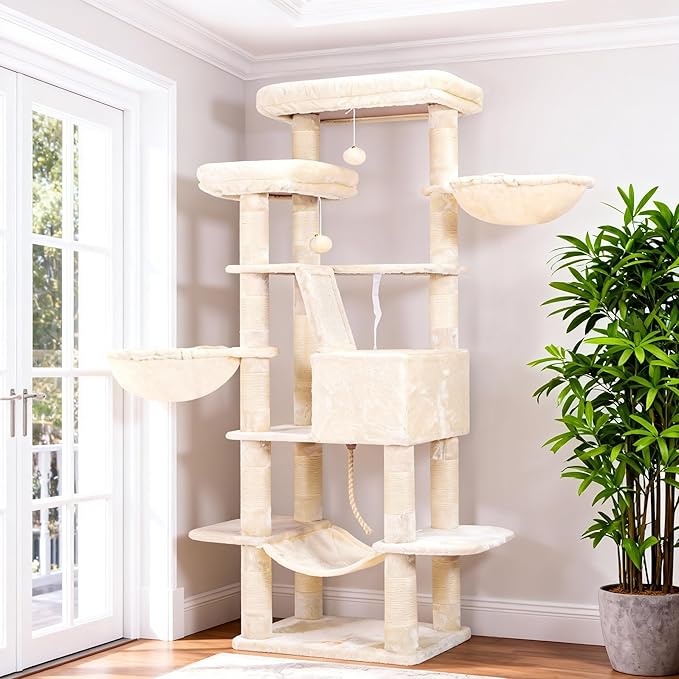 Heybly Cat Tree, 68 inch Multi-Level Cat Tower for Indoor Cats HCT025M | Cat Condo with 2 Widened Plush Perches, 2 Cozy Baskets, Scratching Board and Big Caves, Beige by HEYBLY