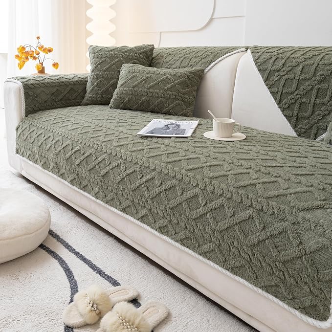 vctops Geometric Jacquard Plush Sofa Couch Covers Farmhouse Neutral Non Slip Sectional Couch Cover Soft Warm Sofa Slipcover for Dogs, Children, Pets Furniture Protector (Army Green,36"x63") - Image 5