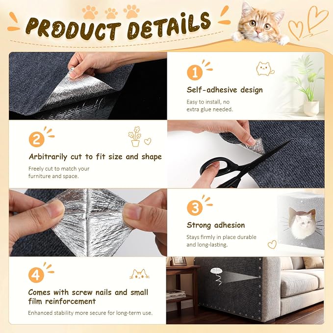 Shinylin 2 Pack Cat Scratch Mat 78.7"x15.8", Dark Gray | Self-Adhesive Trimmable Cat Scratching Carpet, DIY Cat Scratch Pad for Couch Sofa Wall Cats Tree, Durable Furniture Protector - Image 3