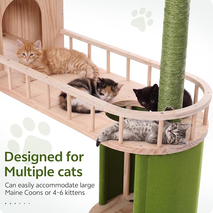 Wood Cat Tower for Self-Cleaning Litter Box, with Faux Plant, 58In | Multi-Level Cat Tree for Adult Large Cats, with Cozy Plush Bed, House, Scratching Posts, Cat Furniture for Indoor Cats, Green - Image 6