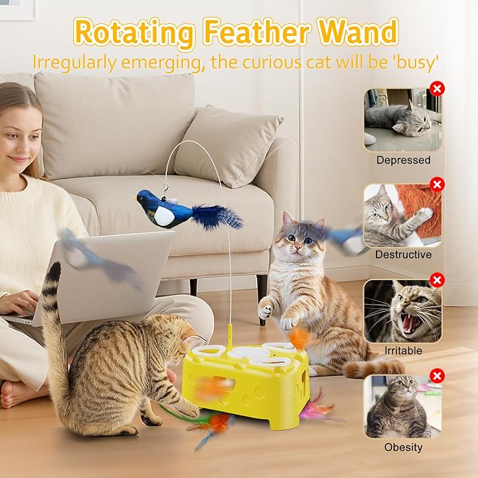 Automatic Cheese-Shaped Interactive Cat Toy – Flying Bird, 6-Hole Mole & Rotating Feather | USB Rechargeable Electronic Feather Toy for Indoor Adult Cats & Kittens, Relieves Boredom | Cheese-shaped non-slip base, 3 play modes, USB-C rechargeable 1200mA... - Image 8
